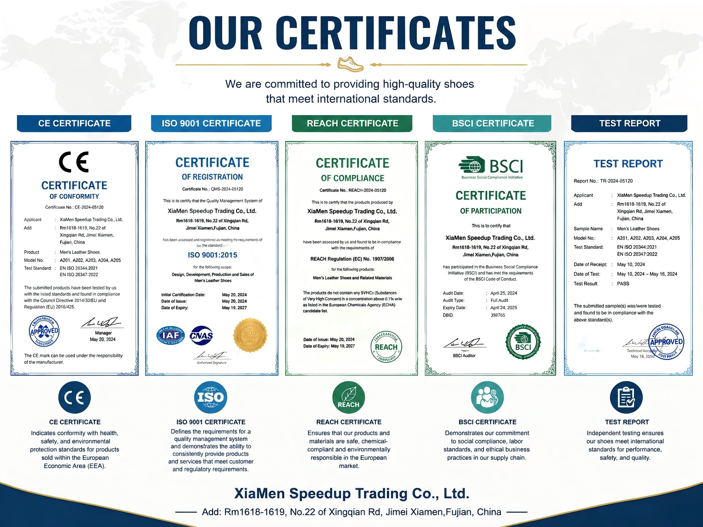 CE, ISO 9001, REACH, BSCI certificates and test report held by Xiamen Speedup Trading