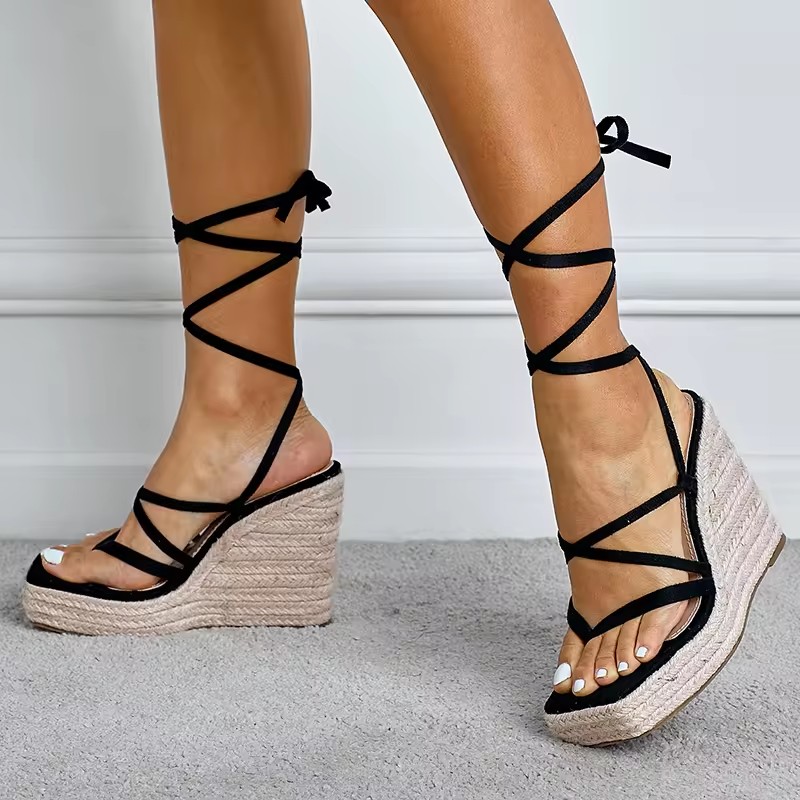 Lady Flock Elastic Band Gladiator Shoes Women Wedge Sandals