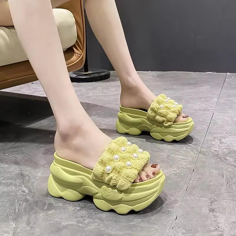 Bead Embellished Lady Slide Slipper Women Chunky Sandals