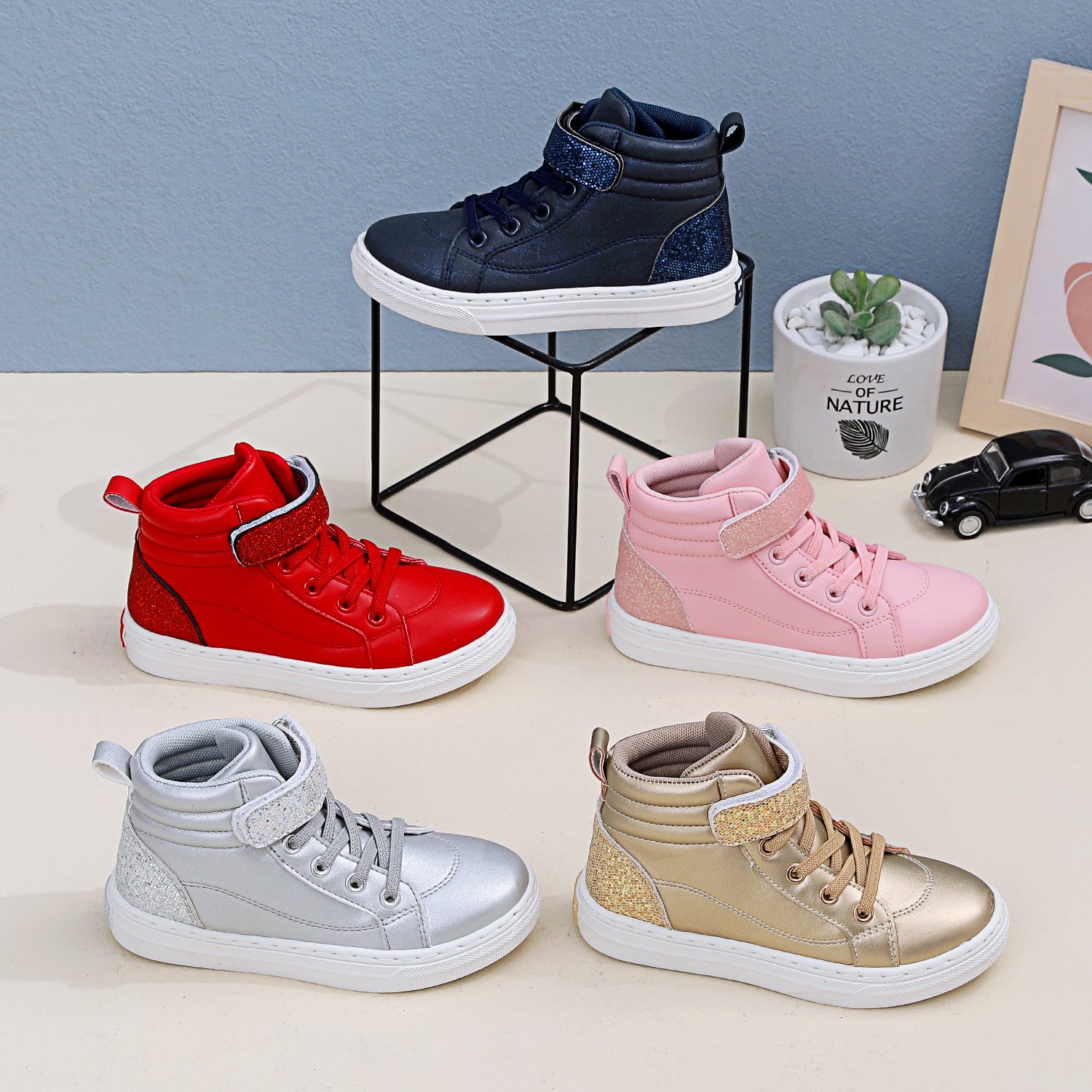 Girl Red High Tops Hot Sale Children Velcro Walking Sneaker